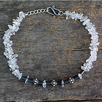 Quartz and hematite anklet, 'Ice Princess' - Sterling Silver with Quartz and Hematite Anklet from India