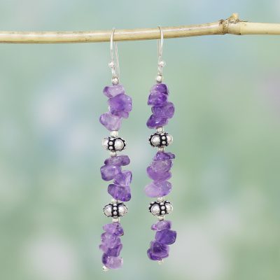 Amethyst dangle earrings, 'Wisteria Garland' - Fair Trade Sterling Silver Beaded Amethyst Earrings