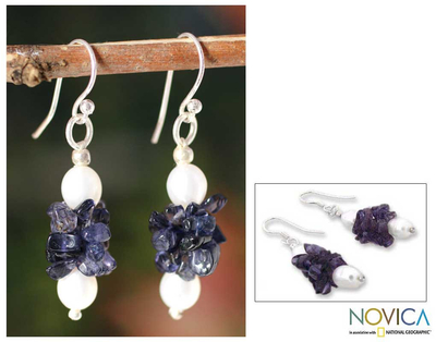 Pearl and iolite earrings, 'Vineyard' - Pearl and iolite earrings