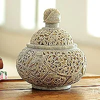 Soapstone jar, 'Elephant Luxuries' - Natural Soapstone Handcarved Jar from India