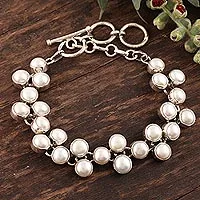 Pearl link bracelet, 'Many Moons' - Handmade Bridal Jewelry Sterling Silver and Pearl Bracelet