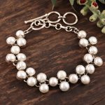 Pearl link bracelet, 'Many Moons' - Handmade Bridal Jewelry Sterling Silver and Pearl Bracelet