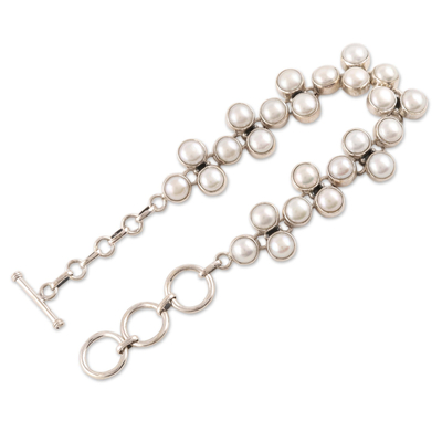 Pearl link bracelet, 'Many Moons' - Handmade Bridal Jewelry Sterling Silver and Pearl Bracelet