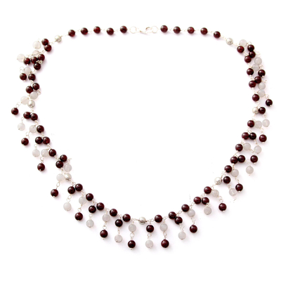 Garnet and moonstone waterfall necklace, 'Fiery Frost' - Garnet and Moonstone Waterfall Necklace