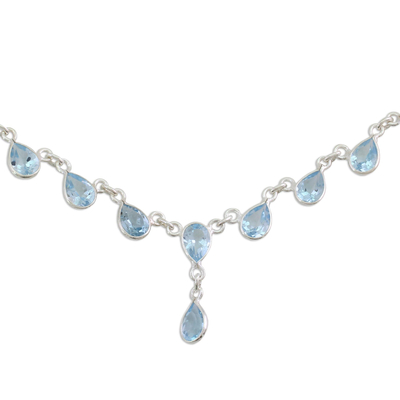 Blue topaz waterfall necklace, 'Ocean Dew' - Indian Jewelry Sterling Silver Blue Topaz Necklace