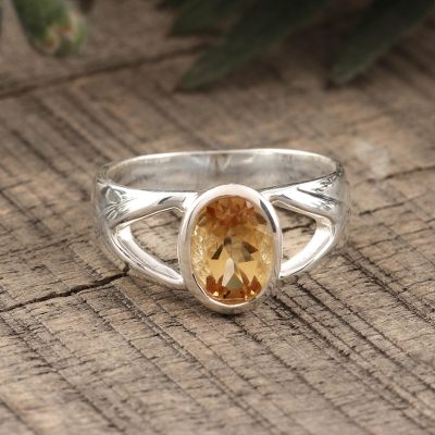 Citrine solitaire ring, 'Gentle Kiss' - Sterling Silver and Citrine Ring from Modern Indian Jewelry