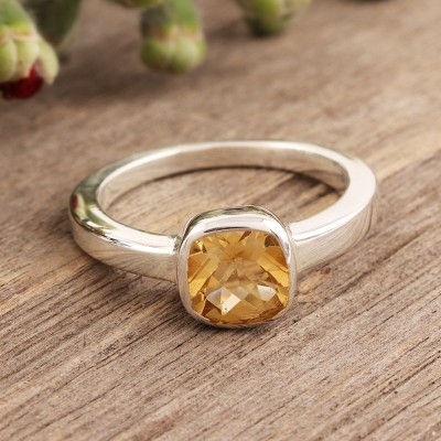 Citrine solitaire ring, 'Sunny Muse' - Hand Crafted Sterling Silver Single Stone Citrine Ring