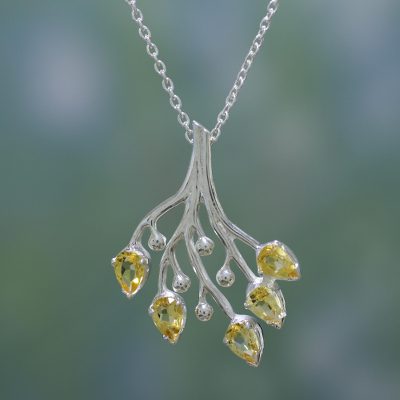 Citrine floral necklace, 'Summer Song' - Citrine and Sterling Silver Artisan Crafted Necklace