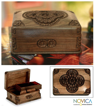 Walnut wood jewelry box, 'Treasured Roses' - Hand Carved Floral Wood Jewelry Box