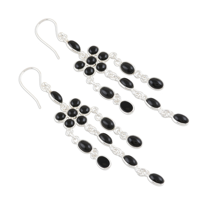 Onyx waterfall earrings, 'Dark Shower' - Onyx and Sterling Silver Chandelier Earrings