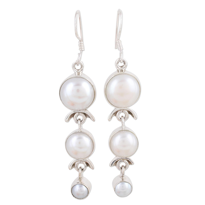 Pearl dangle earrings, 'Three Moons' - Pearl Earrings Handcrafted Bridal Sterling Silver Jewelry