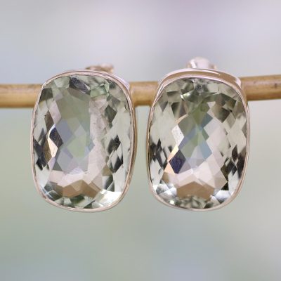 Prasiolite stud earrings, 'Crystal Pool' - Unique Sterling Silver and Prasiolite Button Earrings