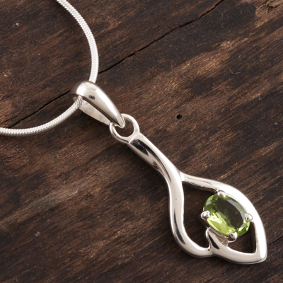 Peridot pendant necklace, 'Shy' - Sterling Silver and Peridot Necklace