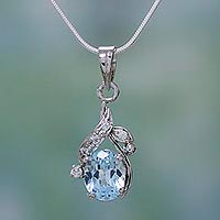 Blue topaz floral necklace, 'Dazzling Dew' - Sterling Silver Necklace Cubic Zirconia Blue Handmade 