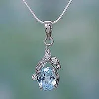 Blue topaz floral necklace, 'Dazzling Dew' - Sterling Silver Necklace Cubic Zirconia Blue Handmade 