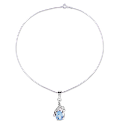 Blue topaz floral necklace, 'Dazzling Dew' - Sterling Silver Necklace Cubic Zirconia Blue Handmade 