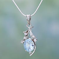Blue topaz floral necklace, 'Scintillating Bouquet' - Fair Trade Sterling Silver Necklace Cubic Zirconia Jewellery