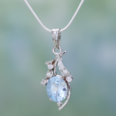 Blue topaz floral necklace, 'Scintillating Bouquet' - Fair Trade Sterling Silver Necklace Cubic Zirconia Jewelry
