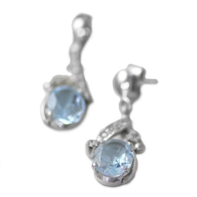 Blue topaz dangle earrings, 'Dazzling Dew' - Handcrafted Sterling Silver Blue Topaz Earring Floral Jewelr