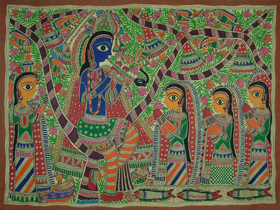 Madhubani painting, 'Fun With Krishna' - Indian Madhubani Painting