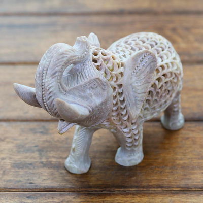 Soapstone sculpture, 'Father Elephant' - Jali Natural Soapstone Sculpture from India