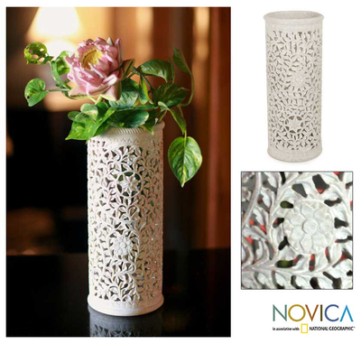 Soapstone vase, 'Moonlight Jasmine' - Handmade Jali Natural Soapstone Vase
