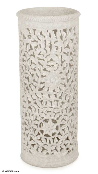 Soapstone vase, 'Moonlight Jasmine' - Handmade Jali Natural Soapstone Vase