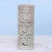 Handcrafted Natural Soapstone Decorative Vase,'Elephant Jungle'
