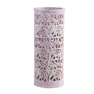 Soapstone vase, 'Elephant Jungle' - Handcrafted Natural Soapstone Decorative Vase