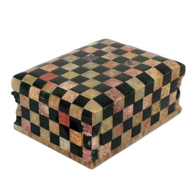 Soapstone jewelry box, 'Chess Master' - Soapstone Inlay Jewelry Box