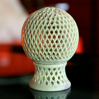 Soapstone candleholder, 'Lattice Globe' - Jali Soapstone Candle Holder Handcrafted in India