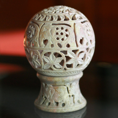 Soapstone candleholder, 'Elephant Parade' - India Hand Carved Soapstone Candle Holder