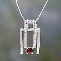 Garnet pendant necklace, 'Harmonious Geometry' - Garnet pendant necklace