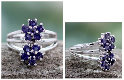 Iolite cluster ring, 'Dazzling Daisies' - Sterling Silver Cocktail Ring with Iolite Floral Jewelry
