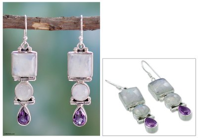 Amethyst and rainbow moonstone dangle earrings, 'Mystic Alliance' - Sterling Silver Rainbow Moonstone and Amethyst Earrings