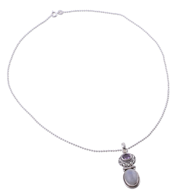 Rainbow moonstone and amethyst pendant necklace, 'Magic and Mysticism' - Rainbow Moonstone and Amethyst Necklace from India