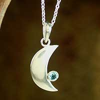 Blue topaz pendant necklace, 'Sparkling Moonlight' - Blue Topaz Crescent Moon Pendant Necklace