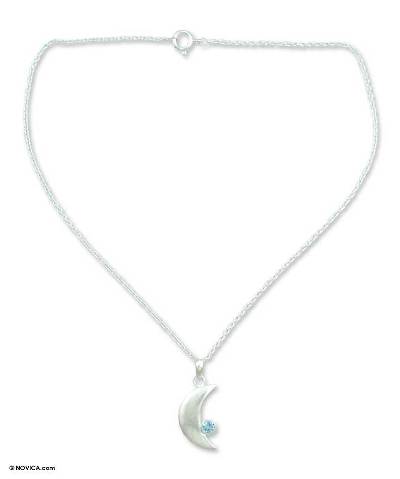 Blue Topaz Crescent Moon Pendant Necklace