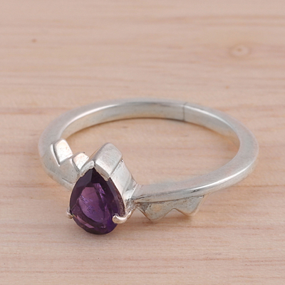 Amethyst solitaire ring, 'Kiss' - Amethyst Solitaire Ring from India