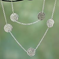 Sterling silver long necklace, 'Drifting Clouds' - Fair Trade Women's Sterling Silver Station Necklace