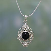 Onyx pendant necklace, 'Baroque Blossom' - Hand Made Floral Sterling Silver and Onyx Necklace
