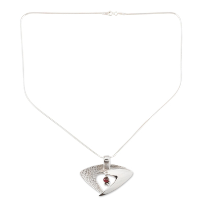Garnet pendant necklace, 'Hold Me Lightly' - Garnet Necklace Sterling Silver India Modern Jewellery