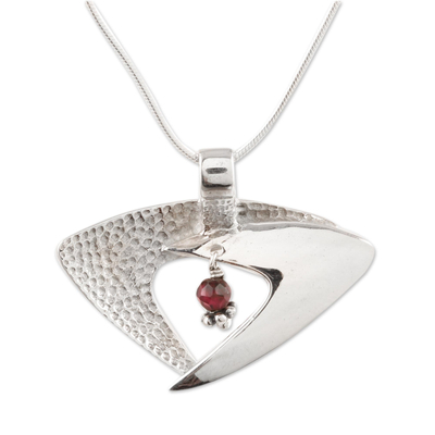 Garnet pendant necklace, 'Hold Me Lightly' - Garnet Necklace Sterling Silver India Modern Jewelry