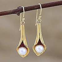 Gold vermeil pearl flower earrings, 'Secret Lilies' - Bridal jewellery Earrings in Vermeil and Pearls