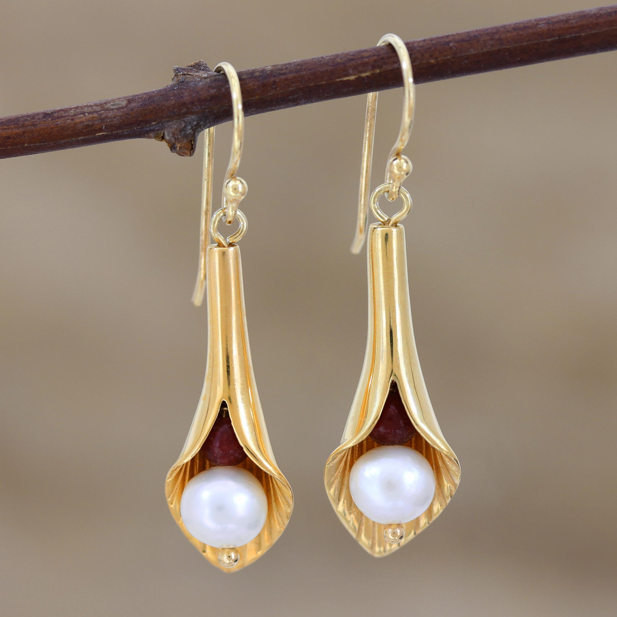 Bridal Jewelry Earrings in Vermeil and Pearls - Secret Lilies | NOVICA