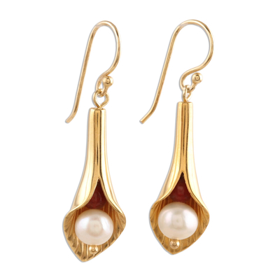 Pendientes flor perla oro vermeil - Pendientes de bisutería de novia en Vermeil y Perlas