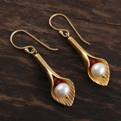 Gold vermeil pearl flower earrings, 'Secret Lilies' - Bridal Jewelry Earrings in Vermeil and Pearls