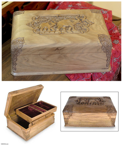 Walnut wood jewelry box, 'Elephant Leisure' - Wood Jewelry Box