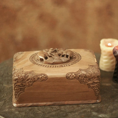 Walnut wood jewelry box, 'Triumphant Elephants' - Walnut wood jewelry box