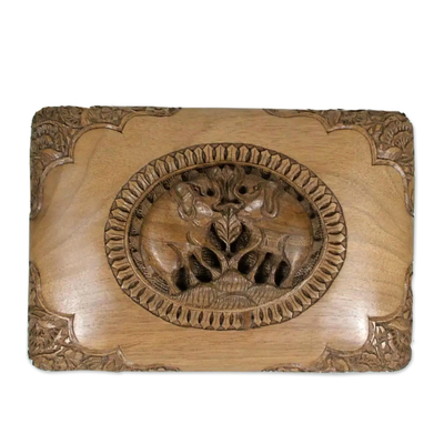 Walnut wood jewelry box, 'Triumphant Elephants' - Walnut wood jewelry box